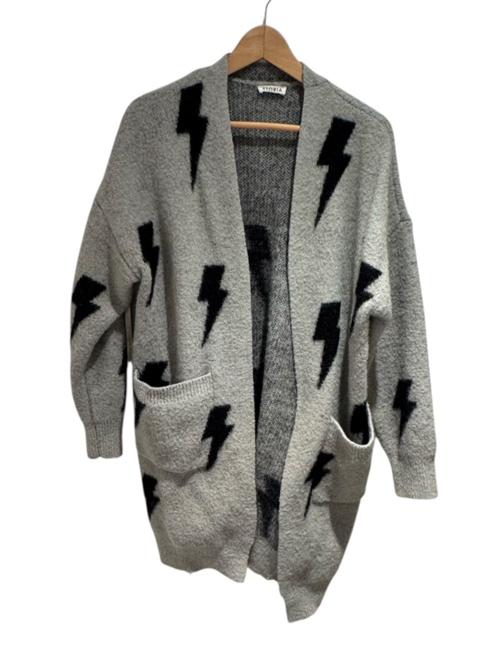 STORIA grey & black lightening bolt mid-length open cardigan sweater - size s